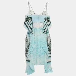 Peter Pilotto Blue Printed Silk Waist Detailed Lace Mini Dress S