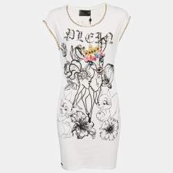Philipp Plein Couture White Deer Embellished Cotton Mini Dress L