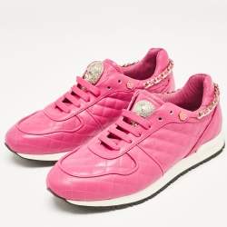 Pre Owned Philipp Plein Pink Leather Skull Lace Up Trainers Sneakers Size 39
