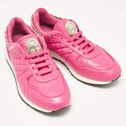 Pre Owned Philipp Plein Pink Leather Skull Lace Up Trainers Sneakers Size 39