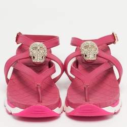 Pre Owned Philipp Plein Pink Leather Crystal Skull Flat Sandals Size 36