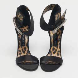 Pre Owned Philipp Plein Black Satin Crystal Embellish Ankle Strap Sandals Size 38