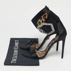 Pre Owned Philipp Plein Black Satin Crystal Embellish Ankle Strap Sandals Size 38
