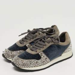 Pre Owned حذاء رياضي فيليب بلين رمادي شامواه ومخمل مرصع بالكريستال مزين برباط مقاس 37