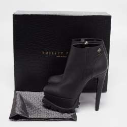 Pre Owned Philipp Plein Black Leather Platform Ankle Booties Size 37