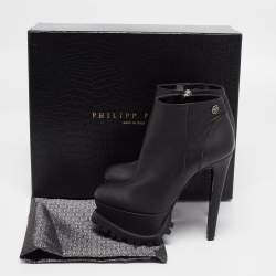 Philipp Plein Black Leather Platform Ankle Booties Size 37