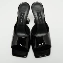 Pre Owned Philipp Plein Black Patent Leather Square Toe Slide Sandals Size 39