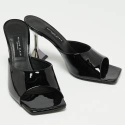 Pre Owned Philipp Plein Black Patent Leather Square Toe Slide Sandals Size 39