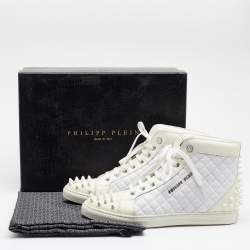 Pre Owned Philipp Plein White/Cream Quilted Leather Sugar Spiked High Top Sneakers Size 38.5