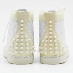 Pre Owned Philipp Plein White/Cream Quilted Leather Sugar Spiked High Top Sneakers Size 38.5