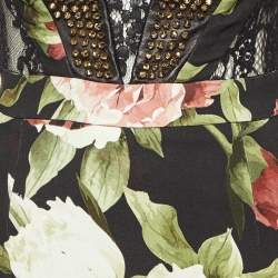 Phillip Plein Black Floral Print Crepe Studded Midi Dress XS