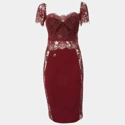 Philipp Plein Deep Red Lace Off Shoulder Midi Dress M