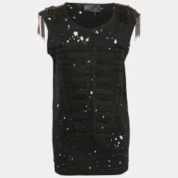 Philipp Plein Couture Black Shoulders Embellished Distressed Top XS