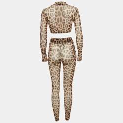 Pre Owned Philipp Plein Leopard Print Stretch Mesh Semi Sheer Top and Leggings Set S