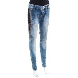 Philipp Plein Indigo Crystal and Lace Detail Distressed Strawberry Cheesecake Slim Fit Jeans M