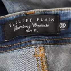 Philipp Plein Indigo Crystal and Lace Detail Distressed Strawberry Cheesecake Slim Fit Jeans M