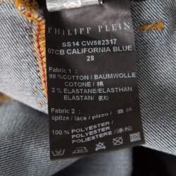 Philipp Plein Indigo Crystal and Lace Detail Distressed Strawberry Cheesecake Slim Fit Jeans M
