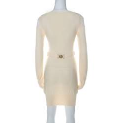 Pre Owned Philipp Plein Couture Cream Knit Cold Shoulder Belted Dress M 