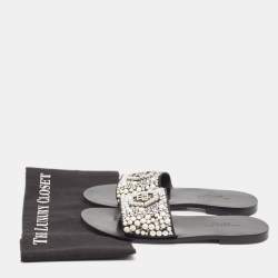 Philipp Plein Black Satin Embellished Flat Slides Size 39