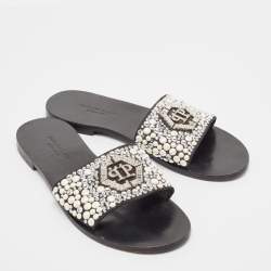 Philipp Plein Black Satin Embellished Flat Slides Size 39