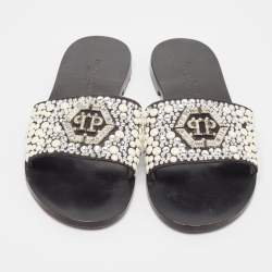 Philipp Plein Black Satin Embellished Flat Slides Size 39