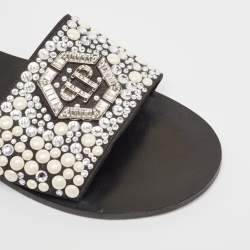 Philipp Plein Black Satin Embellished Flat Slides Size 39