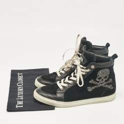 Philipp Plein Black Leather Suede Skull High Top Sneakers Size 40