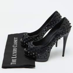 Philipp Plein Black Leather Studded Peep Toe Platform Pumps Size 38