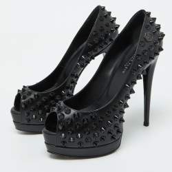 Philipp Plein Black Leather Studded Peep Toe Platform Pumps Size 38