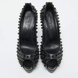 Philipp Plein Black Leather Studded Peep Toe Platform Pumps Size 38