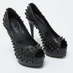 Philipp Plein Black Leather Studded Peep Toe Platform Pumps Size 38