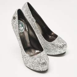 Philipp Plein Silver/Black Glitter and Python Platform Pumps Size 37