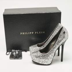 Philipp Plein Silver/Black Glitter and Python Platform Pumps Size 37