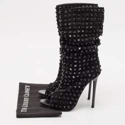 Philipp Plein Black Suede Peep Toe Superstudd Embellished Mid Calf Boots Size 38.5