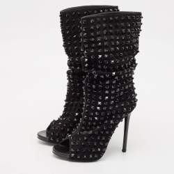 Philipp Plein Black Suede Peep Toe Superstudd Embellished Mid Calf Boots Size 38.5
