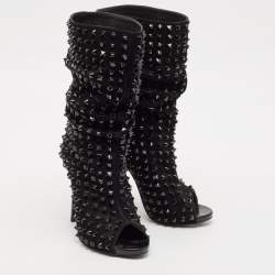 Philipp Plein Black Suede Peep Toe Superstudd Embellished Mid Calf Boots Size 38.5