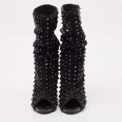 Philipp Plein Black Suede Peep Toe Superstudd Embellished Mid Calf Boots Size 38.5
