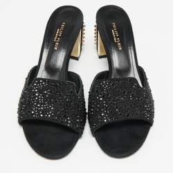 Philipp Plein Black Suede Crystal Slide Sandals Size 38
