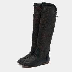 Philipp Plein Black Leather Lasercut Skull Mid Calf Boots Size 37