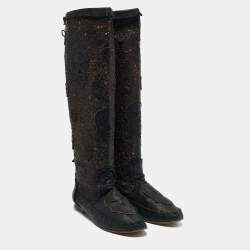 Philipp Plein Black Leather Lasercut Skull Mid Calf Boots Size 37