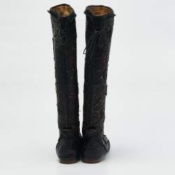 Philipp Plein Black Leather Lasercut Skull Mid Calf Boots Size 37