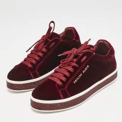 Pre Owned Philipp Plein Burgundy Velvet Crystal Embellished Low Top Sneakers Size 38