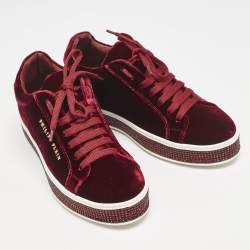 Pre Owned Philipp Plein Burgundy Velvet Crystal Embellished Low Top Sneakers Size 38