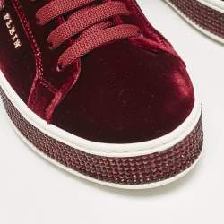 Pre Owned Philipp Plein Burgundy Velvet Crystal Embellished Low Top Sneakers Size 38