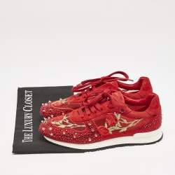 Pre Owned Philipp Plein Red Mesh and Suede Stud Crystal Embellished  Lace Up Sneakers Size 38