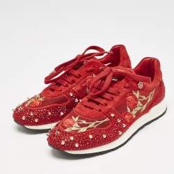 Pre Owned Philipp Plein Red Mesh and Suede Stud Crystal Embellished  Lace Up Sneakers Size 38