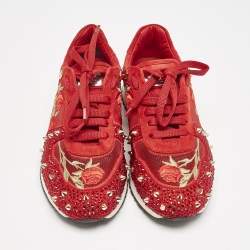 Pre Owned Philipp Plein Red Mesh and Suede Stud Crystal Embellished  Lace Up Sneakers Size 38