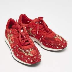 Pre Owned Philipp Plein Red Mesh and Suede Stud Crystal Embellished  Lace Up Sneakers Size 38