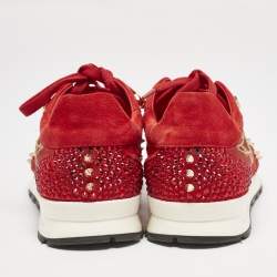 Pre Owned Philipp Plein Red Mesh and Suede Stud Crystal Embellished  Lace Up Sneakers Size 38