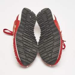 Pre Owned Philipp Plein Red Mesh and Suede Stud Crystal Embellished  Lace Up Sneakers Size 38